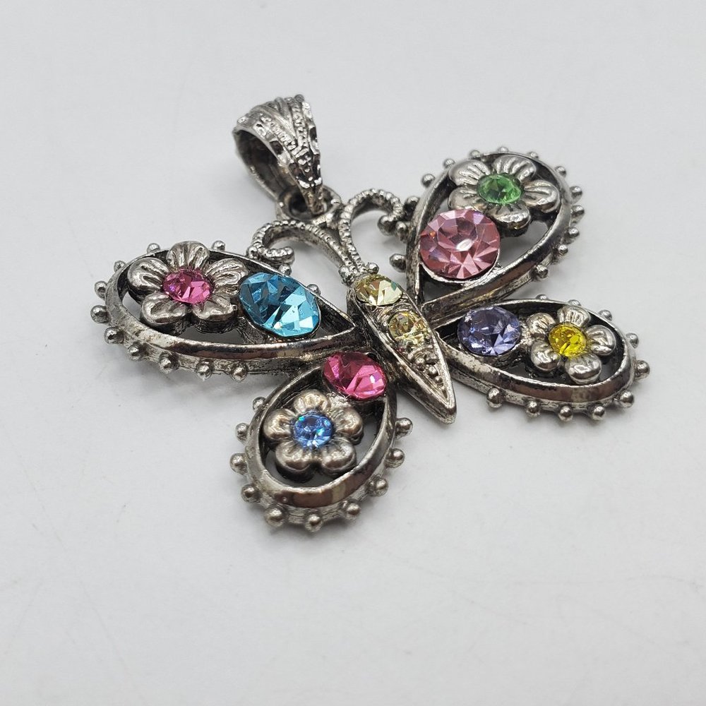 SILVER TONE RAINBOW RHINESTONE BUTTERFLY PENDANT - Picture 3 of 4